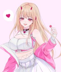 Rule 34 | 1girl, bare shoulders, blush, breasts, candy, food, goddess of victory: nikke, heart, highres, holding, holding candy, holding food, holding lollipop, horns, large breasts, light brown hair, lollipop, long hair, looking at viewer, neko (nekomimi1313), off shoulder, open mouth, pleated skirt, red eyes, shirt, skirt, sleeveless, sleeveless shirt, solo, symbol-shaped pupils, tongue, tongue out, viper (nikke)
