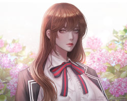 Rule 34 | 1girl, blurry, blurry background, bow, bowtie, brown eyes, brown hair, collared shirt, commentary, english commentary, flower, highres, lips, long hair, looking at viewer, nose, omniscient reader&#039;s viewpoint, portrait, shirt, solo, white background, yabin, yoo sangah