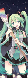 Rule 34 | 1girl, aqua hair, art brush, detached sleeves, face, frills, giant brush, green eyes, green nails, hatsune miku, hip focus, long hair, miracle paint (vocaloid), multicolored hair, musical note, nail polish, necktie, notes, paintbrush, skirt, sky, solo, star (sky), star (symbol), starry sky, tearfish, thighhighs, twintails, two-tone hair, vocaloid, wide hips