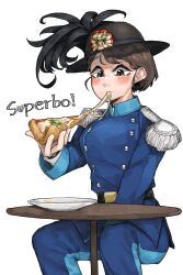 Rule 34 | 1girl, black hat, blue jacket, blue pants, blush, brown eyes, brown hair, buttons, cheese trail, double-breasted, eating, epaulettes, food, hat, highres, invisible chair, italian army, italian text, jacket, military, military uniform, original, pants, pizza, pizza slice, plate, plume, pzkpfwi, short hair, simple background, sitting, smile, solo, table, translated, uniform, white background