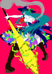 Rule 34 | 1girl, absurdres, back, blouse, blue hair, boots, food, foreshortening, from behind, fruit, full body, hat, highres, hinanawi tenshi, long hair, looking at viewer, looking back, nemosu, peach, pink background, red eyes, shirt, skirt, solo, standing, sword of hisou, thighs, touhou