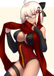 Rule 34 | 1girl, ahoge, arm guards, bare shoulders, black-framed eyewear, black bow, bow, breasts, cleavage, cleavage cutout, clothing cutout, dark-skinned female, dark skin, detached sleeves, fate/grand order, fate (series), glasses, hair between eyes, hair bow, highres, hip focus, koha-ace, large breasts, leotard, looking at viewer, okita souji (fate), okita souji alter (fate), okita souji alter (first ascension) (fate), open mouth, red leotard, red scarf, scarf, shigure s, simple background, solo, tassel, thigh strap, thighs, white eyes, white hair