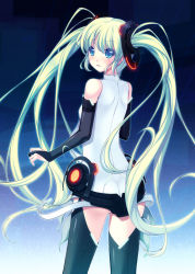 Rule 34 | 1girl, aqua eyes, bridal gauntlets, chikotoro, female focus, from behind, gradient background, green hair, hatsune miku, hatsune miku (append), long hair, looking back, solo, thighhighs, twintails, very long hair, vocaloid, vocaloid append