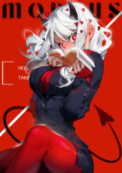 Rule 34 | 1girl, absurdres, black horns, black suit, blush, breasts, demon girl, demon horns, demon tail, heart, heart-shaped pupils, helltaker, highres, horns, large breasts, long sleeves, looking at viewer, modeus (helltaker), pantyhose, red eyes, red sweater, shirt, short hair, sleeves past wrists, solo, suit, sweater, symbol-shaped pupils, tail, tefco, turtleneck, white hair