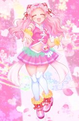 Rule 34 | 1girl, :d, absurdres, beamed eighth notes, closed eyes, clothing cutout, commentary request, cone hair bun, cure yell, dress, earrings, eighth note, facing viewer, flower, frilled footwear, full body, hair bun, hair flower, hair ornament, heart, highres, hugtto! precure, jewelry, long hair, magical girl, multicolored background, musical note, nabe (closet), navel cutout, nono hana, open mouth, petals, pink dress, pink footwear, pleated dress, precure, quarter note, reaching, reaching towards viewer, scrunchie, sheet music, shoes, single horizontal stripe, sleeveless, sleeveless dress, smile, solo, sparkle, standing, thighhighs, white thighhighs, wrist scrunchie, yellow scrunchie