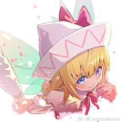 Rule 34 | 1girl, artist name, blonde hair, blue eyes, blush, capelet, closed mouth, dress, fairy, fairy wings, fingernails, from above, hat, lily white, long hair, long sleeves, petals, shiroi karasu, simple background, smile, solo focus, touhou, twitter username, white background, white capelet, white dress, white headwear, wings