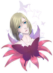 Rule 34 | basti rin, blonde hair, blue eyes, bug, butterfly, collarbone, flower, hair between eyes, highres, insect, kate ashley, looking at viewer, medium hair, open mouth, red flower, red garden, simple background, upper body, white background