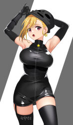 Rule 34 | 1girl, :o, armpits, bare shoulders, black dress, black gloves, black thighhighs, blonde hair, breasts, dopamine70, dress, earrings, elbow gloves, gloves, grey background, highres, jewelry, large breasts, latex, latex dress, looking at viewer, mask, medium hair, open mouth, original, red eyes, removing mask, solo, star (symbol), star earrings, teeth, thighhighs, upper teeth only, white background, zettai ryouiki