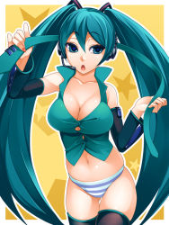 Rule 34 | 1girl, breasts, bursting breasts, cleavage, curvy, detached sleeves, green eyes, green hair, hatsune miku, headphones, large breasts, long hair, matching hair/eyes, microphone, midriff, nail polish, navel, necktie, orange nails, panties, skindentation, solo, striped clothes, striped panties, thighhighs, torigoe takumi, twintails, underwear, vocaloid