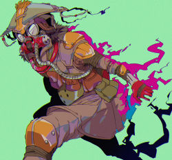 Rule 34 | 1other, ambiguous gender, apex legends, bloodhound (apex legends), cable, cropped legs, fire, gas mask, goggles, green background, helmet, knee pads, looking at viewer, mask, mizu cx, open hand, pink fire, pouch, running, solo
