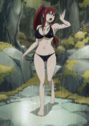 Rule 34 | 1boy, belly, bikini, breasts, brown eyes, erza scarlet, fairy tail, large breasts, legs, long hair, navel, ponytail, rain, red hair, swimsuit, tattoo, thighs, wide hips