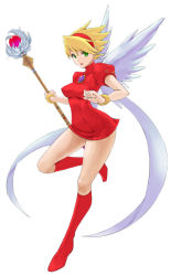 Rule 34 | 1girl, blonde hair, boots, bracelet, breath of fire, breath of fire iii, brooch, earrings, full body, green eyes, hairband, jewelry, knee boots, miniskirt, nina (breath of fire iii), nyantiu, puffy sleeves, red skirt, short hair, short sleeves, simple background, skirt, solo, spiked hair, wand, white background, wings