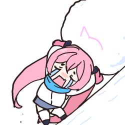 Rule 34 | 1girl, blue archive, blue scarf, blue skirt, closed eyes, crying, jacket, koyuki (blue archive), long hair, long sleeves, mittens, open mouth, pink hair, pink mittens, pushing, scarf, skirt, snow, snowball, solo, streaming tears, tears, thighhighs, twintails, uranium10, very long hair, white jacket, white thighhighs