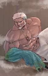 Rule 34 | 1boy, ^ ^, abs, aegir (housamo), aqua hair, bara, beard, closed eyes, dark-skinned male, dark skin, facial hair, facing viewer, fingernails, fins, fish boy, grin, jewelry, large pectorals, leaning to the side, male focus, mature male, multicolored hair, muscular, muscular male, mustache stubble, navel, necklace, nipples, noramoso, pectorals, sauna, sharp fingernails, short hair, smile, solo, steam, stomach, streaked hair, stubble, sweat, tokyo houkago summoners, topless male, towel, towel around neck, very sweaty, white hair
