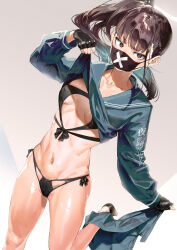 Rule 34 | 1girl, absurdres, bikini, bikini under clothes, black bikini, black footwear, black gloves, black hair, black mask, blue archive, blush, breasts, clothes lift, clothes pull, collarbone, covered erect nipples, delinquent, fingerless gloves, gloves, halo, highres, holding, kuroi suna, long sleeves, looking at viewer, mask, mouth mask, navel, open clothes, ponytail, school uniform, serafuku, shirt lift, shoes, simple background, skirt, skirt around one leg, skirt pull, small breasts, solo, standing, stomach, sukeban, sukeban (smg) (blue archive), surgical mask, swimsuit, undressing, x mark