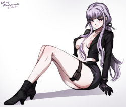 Rule 34 | 1girl, 2020, 20s, absurdres, ankle boots, artist name, ass, black bow, black coat, black footwear, black gloves, black jacket, black ribbon, black skirt, blush, boots, bow, braid, braided ponytail, breasts, cleavage, closed mouth, coat, collarbone, danganronpa: trigger happy havoc, danganronpa (series), danganronpa 3 (anime), ears, eyelashes, female focus, full body, gloves, hair bow, hair ribbon, heart, high heel boots, high heels, highres, jacket, kirigiri kyoko, knees up, leather, leather boots, legs, legs together, long hair, long sleeves, looking at viewer, mina cream, navel, nipples, open clothes, open jacket, pink lips, pouch, purple eyes, purple hair, ribbon, shadow, shirt, signature, simple background, sitting, skirt, solo, thigh pouch, thighs together, white background