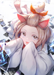Rule 34 | 1girl, absurdres, animal ears, ash blossom &amp; joyous spring, bangs pinned back, barefoot, brown eyes, card, commentary request, duel monster, forehead, grey eyes, hair ribbon, highres, japanese clothes, kimono, leg up, long sleeves, looking at viewer, lying, nogi lief, on stomach, orange ribbon, ribbon, sleeves past fingers, sleeves past wrists, soles, solo, tail, tongue, tongue out, yu-gi-oh!