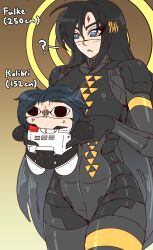 Rule 34 | 2girls, ?, absurdres, android, anger vein, armor, bartendingcrow, black bodysuit, black hair, blue eyes, bodysuit, breastplate, carrying, carrying person, chibi, commentary, english commentary, falke (signalis), hair between eyes, hair ornament, height difference, highres, joints, kolibri (signalis), long hair, mechanical arms, mechanical parts, multiple girls, robot girl, robot joints, science fiction, short hair, signalis
