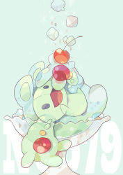 Rule 34 | akadako, animal focus, black eyes, blank eyes, cherry, creatures (company), food, fruit, full body, game freak, gen 5 pokemon, green background, happy, highres, in bowl, in container, looking up, lying, nintendo, no humans, on back, one-hour drawing challenge, open mouth, pokedex number, pokemon, pokemon (creature), reuniclus, simple background, smile, solo, transparent