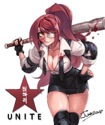 Rule 34 | 1girl, baseball bat, black gloves, black skirt, blood, blood on clothes, blood on face, breasts, butcherboy, cleavage, commentary, elbow pads, english commentary, eyepatch, fingerless gloves, gloves, grin, highres, household affairs, junkpuyo, knee pads, large breasts, leaning forward, long hair, loose necktie, metal baseball bat, necktie, one-eyed, over shoulder, pencil skirt, ponytail, red hair, signature, skirt, sleeves pushed up, smile, sneer, solo, swept bangs, unbuttoned, unbuttoned shirt, undone necktie, very long hair, weapon, weapon over shoulder, won hari, yellow eyes
