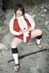 Rule 34 | 1girl, asian, black hair, blue eyes, blue nails, breasts, brown hair, cleavage, cosplay, fat, feet, green nails, highres, huge breasts, luu (cosplayer), manyuu chifusa, manyuu chifusa (cosplay), manyuu hikenchou, nail polish, obese, photo (medium), sandals, solo