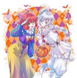 Rule 34 | ahoge, blue eyes, blush, bow, braid, braided ponytail, clown, commentary, english commentary, feet out of frame, gloves, green eyes, hair between eyes, hair bow, halloween, halloween costume, highres, iesupa, it (stephen king), long hair, long sleeves, looking at viewer, medium hair, open mouth, orange hair, penny polendina, rwby, salute, side ponytail, weiss schnee, white hair