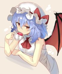 Rule 34 | 1girl, adapted costume, ascot, bare arms, bare shoulders, bat wings, blue hair, blush, bow, breasts, commentary request, cup, dress, falken (yutozin), grey background, hair between eyes, hand up, hat, hat bow, highres, holding, holding cup, looking at viewer, medium breasts, mob cap, one-hour drawing challenge, red ascot, red bow, red eyes, remilia scarlet, short hair, simple background, sleeveless, sleeveless dress, solo, teacup, touhou, upper body, white dress, white hat, wings