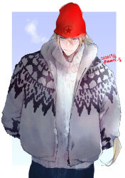 Rule 34 | 1boy, artist name, beanie, blonde hair, blue eyes, closed mouth, dated, hair between eyes, hand in pocket, hat, jacket, long hair, male focus, mmts g, open clothes, open jacket, outside border, red hat, ryou sakazaki, smile, solo, the king of fighters, the king of fighters for girls, winter clothes