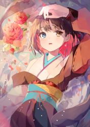 Rule 34 | 1girl, absurdres, arm up, blue eyes, brown eyes, brown hair, brown kimono, colored inner hair, commentary, earrings, from above, hand on own forehead, heterochromia, highres, japanese clothes, jewelry, kimono, light blush, light particles, lying, multicolored hair, obi, on back, open mouth, original, partially submerged, petals, petals on liquid, pink hair, red ribbon, ribbon, sash, short hair, solo, sunlight, tamago nezumi, water, wet, white kimono