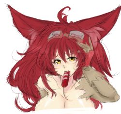 Rule 34 | 1girl, ahoge, animal ears, big hair, borrowed character, breasts, cat ears, cleavage, dynamite, explosive, goggles, goggles on head, highres, huge breasts, long hair, mouth hold, nellko agogo, original, out-of-frame censoring, red hair, solo, steffydoodles, yellow eyes