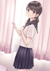 Rule 34 | 1girl, bed, bedroom, black hair, black skirt, blue eyes, blush, closed mouth, commentary, curtains, day, dutch angle, from side, hand on own chest, highres, indoors, light smile, looking at viewer, low twintails, original, pleated skirt, school uniform, serafuku, skirt, smile, solo, twintails, uniform, window, yukimaru217