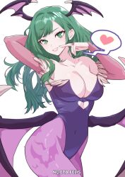 1girl artist_name black_leotard breasts bridal_gauntlets cleavage commentary darkstalkers green_eyes green_hair head_wings highres leotard looking_at_viewer morrigan_aensland nocta_felis pantyhose purple_pantyhose simple_background smile solo speech_bubble strapless strapless_leotard white_background wings