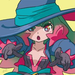 Rule 34 | 1girl, bad id, bad twitter id, blue hat, blunt bangs, copyright request, dress, fang, gloves, gradient hair, green hair, grey gloves, half-closed eye, hat, long hair, long sleeves, looking at viewer, multicolored hair, open mouth, pointing, pointing at viewer, puffy long sleeves, puffy sleeves, red eyes, red hair, reiesu (reis), signature, simple background, solo, star-shaped pupils, star (symbol), symbol-shaped pupils, thick eyebrows, upper body, witch hat, yellow background