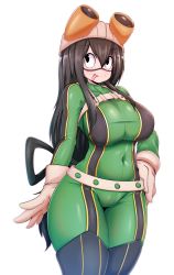 Rule 34 | 1girl, absurdres, asui tsuyu, black eyes, black hair, black legwear, blush, bodysuit, boku no hero academia, breasts, cameltoe, closed mouth, collarbone, covered navel, gloves, goggles, goggles on head, green bodysuit, hair rings, hand on own hip, highres, impossible bodysuit, impossible clothes, large breasts, long hair, looking up, low-tied long hair, simple background, solo, standing, tailzkim, thighs, tongue, tongue out, very long hair, white background, white gloves