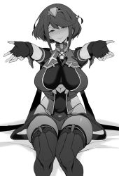 Rule 34 | 1girl, armor, blush, boots, breasts, fingerless gloves, gem, gloves, greyscale, hair ornament, hairband, highres, large breasts, messatsu tan, monochrome, nintendo, outstretched arms, pyra (xenoblade), short hair, short shorts, shorts, shoulder armor, sitting, smile, solo, suspenders hanging, swept bangs, thigh boots, thighhighs, tiara, xenoblade chronicles (series), xenoblade chronicles 2