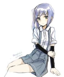 Rule 34 | 1girl, :|, arm warmers, blush, brown eyes, buttons, closed mouth, commentary request, dated, grey skirt, kangoku kou, kantai collection, kasumi (kancolle), looking at viewer, one-hour drawing challenge, school uniform, shirt, short sleeves, side ponytail, silver hair, sitting, skirt, solo, suspenders, twitter username, white background, white shirt
