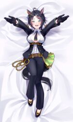 Rule 34 | 1girl, :d, ahoge, animal ears, arms up, asymmetrical hair, beckoning, belt, between breasts, black footwear, black gloves, black hair, black jacket, black necktie, black pants, blue eyes, blush, breasts, buttons, center frills, center opening, collared shirt, dakimakura (medium), ear ornament, frilled shirt, frills, from above, fuji kiseki (umamusume), full body, gem, gloves, grey hair, highres, horse ears, horse girl, horse tail, jacket, jewelry, knee up, long sleeves, looking at viewer, lying, medium breasts, multicolored hair, nd (nuuchadon10), necktie, necktie between breasts, no bra, on back, open clothes, open jacket, open mouth, outstretched arms, pants, shirt, shoes, short hair, smile, solo, tail, two-tone hair, umamusume, underbust, white shirt, wing collar