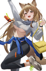 Rule 34 | 1girl, :d, absurdres, adapted costume, ambience synesthesia, animal ears, arknights, arm up, bag, black pants, blue jacket, blush, bouncing breasts, bracelet, breasts, brown eyes, brown hair, ceobe (arknights), clothes around waist, crop top, crop top overhang, dog ears, dog girl, dog tail, expressionless, grey footwear, grey sweater, handbag, highres, holding, holding bag, jacket, jacket around waist, jewelry, large breasts, leg up, long hair, long sleeves, looking at viewer, navel, official alternate costume, open mouth, pants, shoes, simple background, smile, sneakers, solo, standing, standing on one leg, stomach, sweater, tail, tight clothes, tight pants, very long hair, white background, yoga pants, zombie ke