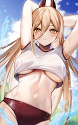 Rule 34 | 1girl, alternate breast size, arms behind head, arms up, bad id, bad twitter id, bare arms, blonde hair, breasts, buruma, chainsaw man, closed mouth, cowboy shot, crop top, crop top overhang, cross-shaped pupils, day, expressionless, gym uniform, hair between eyes, highres, horns, large breasts, long hair, looking at viewer, midriff, navel, outdoors, power (chainsaw man), red buruma, shirt, short sleeves, skindentation, solo, standing, stomach, sweat, symbol-shaped pupils, underboob, very long hair, wet, white shirt, yellow eyes, yuniiho