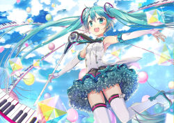 Rule 34 | 1girl, armpits, bad id, bad pixiv id, balloon, blush, cloud, elbow gloves, fingerless gloves, floating hair, gloves, green eyes, green hair, hatsune miku, jin young-in, long hair, magical mirai (vocaloid), magical mirai miku, magical mirai miku (2017), microphone, open mouth, outstretched arms, piano keys, skirt, sky, solo, spread arms, thighhighs, twintails, very long hair, vocaloid