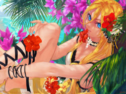 Rule 34 | 1girl, bad id, bad pixiv id, bare shoulders, blonde hair, blue eyes, blue nails, flower, hair flower, hair ornament, hibiscus, lily (vocaloid), long hair, looking at viewer, mouth hold, nail polish, solo, very long hair, vocaloid, yamakawa (sato), yamakawa umi