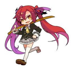 Rule 34 | 1girl, chibi, fang, full body, long hair, looking at viewer, mota, nora to oujo to noraneko heart, open mouth, red hair, school uniform, simple background, skirt, smile, solo, takada nobuchina, thighhighs, very long hair, white background, yellow eyes