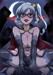 Rule 34 | 10s, 1boy, 1girl, arsene, blue hair, blush, breasts squeezed together, breasts, butcha-u, cape, clothed sex, domino mask, elbow gloves, gloves, henriette mystere, large breasts, lipstick, makeup, mask, moon, nipples, purple eyes, sex, solo focus, straddling, tantei opera milky holmes, thighhighs, vaginal