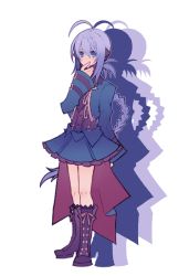 Rule 34 | 1bitheart, 1girl, ahoge, blue coat, blue eyes, blue hair, blue skirt, braid, braided ponytail, center frills, coat, covering own mouth, frills, headphones, long hair, long sleeves, looking to the side, mikoto misane, miwasiba, official art, purple footwear, purple shirt, shirt, skirt, solo, transparent background, very long hair
