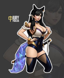 Rule 34 | 1girl, ahri (league of legends), ahri (league of legends) (cosplay), animal ears, artist name, atago (azur lane), azur lane, bare shoulders, black hair, blue choker, breasts, choker, cleavage, cosplay, crossover, earrings, hair ribbon, iury padilha, jewelry, k/da (league of legends), k/da ahri, large breasts, league of legends, lips, lipstick, long hair, looking at viewer, makeup, red lips, ribbon, sheath, sheathed, sword, tail, thighhighs, weapon, white ribbon