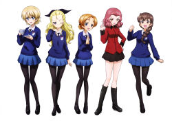 Rule 34 | 10s, 5girls, :d, absurdres, assam (girls und panzer), black bow, black footwear, black neckwear, black pantyhose, black skirt, blonde hair, blouse, blue eyes, blue skirt, blue sweater, boots, bow, braid, brown eyes, brown hair, collarbone, cup, darjeeling (girls und panzer), full body, girls und panzer, hair bow, hair over shoulder, hand in own hair, hand on own hip, highres, holding, holding cup, index finger raised, jacket, knee boots, leg up, loafers, long hair, looking at viewer, military jacket, miniskirt, multiple girls, necktie, official art, open mouth, orange hair, orange pekoe (girls und panzer), own hands together, pantyhose, pleated skirt, purple eyes, red hair, red jacket, rosehip (girls und panzer), rukuriri (girls und panzer), saucer, school uniform, shirt, shoes, simple background, single braid, skirt, smile, st. gloriana&#039;s military uniform, st. gloriana&#039;s school uniform, standing, standing on one leg, sweater, teacup, thighs, white background, white shirt, yoshida nobuyoshi