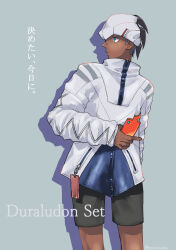 Rule 34 | 1boy, alternate costume, closed mouth, commentary request, creatures (company), dark-skinned male, dark skin, earrings, game freak, gen 4 pokemon, green eyes, grey background, headband, highres, holding, holding phone, jacket, jewelry, long sleeves, looking to the side, male focus, nintendo, nyoripoke, phone, pokemon, pokemon swsh, raihan (pokemon), rotom, rotom phone, short hair, shorts, solo, translation request, undercut, white headband, white jacket, zipper pull tab