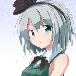 1girl armpit_peek bare_shoulders black_bow black_bowtie black_ribbon blue_eyes blush bow bowtie breasts commentary_request female_focus hair_ribbon hairband highres konpaku_youmu looking_at_viewer parted_lips revision ribbon ryogo shirt silver_hair sleeveless sleeveless_shirt small_breasts solo sweat touhou upper_body