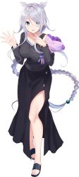 Rule 34 | 1girl, alternate costume, black skirt, black sweater, blue eyes, blush, bouquet, braid, breasts, collarbone, flower, full body, kantai collection, kujou ichiso, large breasts, long hair, long sleeves, mole, mole under eye, official art, open mouth, purple flower, ribbed sweater, silver hair, single braid, skirt, slippers, smile, solo, sweater, transparent background, umikaze (kancolle), umikaze kai ni (kancolle), very long hair