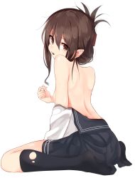 Rule 34 | 1girl, black socks, black skirt, blouse, brown eyes, brown hair, clothes pull, folded ponytail, from side, full body, highres, inazuma (kancolle), kantai collection, kneehighs, long sleeves, looking at viewer, looking back, pleated skirt, pointy ears, school uniform, serafuku, shirousa, shirt, simple background, sitting, skirt, socks, solo, teeth, topless, wariza, white background, white socks, white shirt